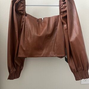 Brown Faux Leather Puff Sleeve Top